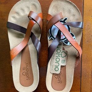 Yokono sandals multi-colored brown NWT size 6.5 never worn leather and cork